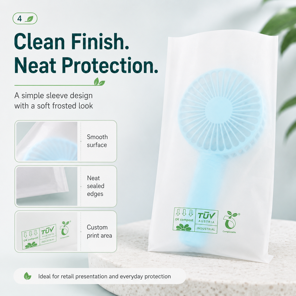 Biodegradable Frosted Sleeve Bags | PLA PBAT Packaging for Cups & Accessories