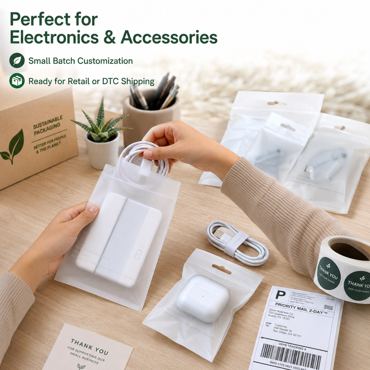 Compostable Frosted Packaging Bags for Electronics & Accessories