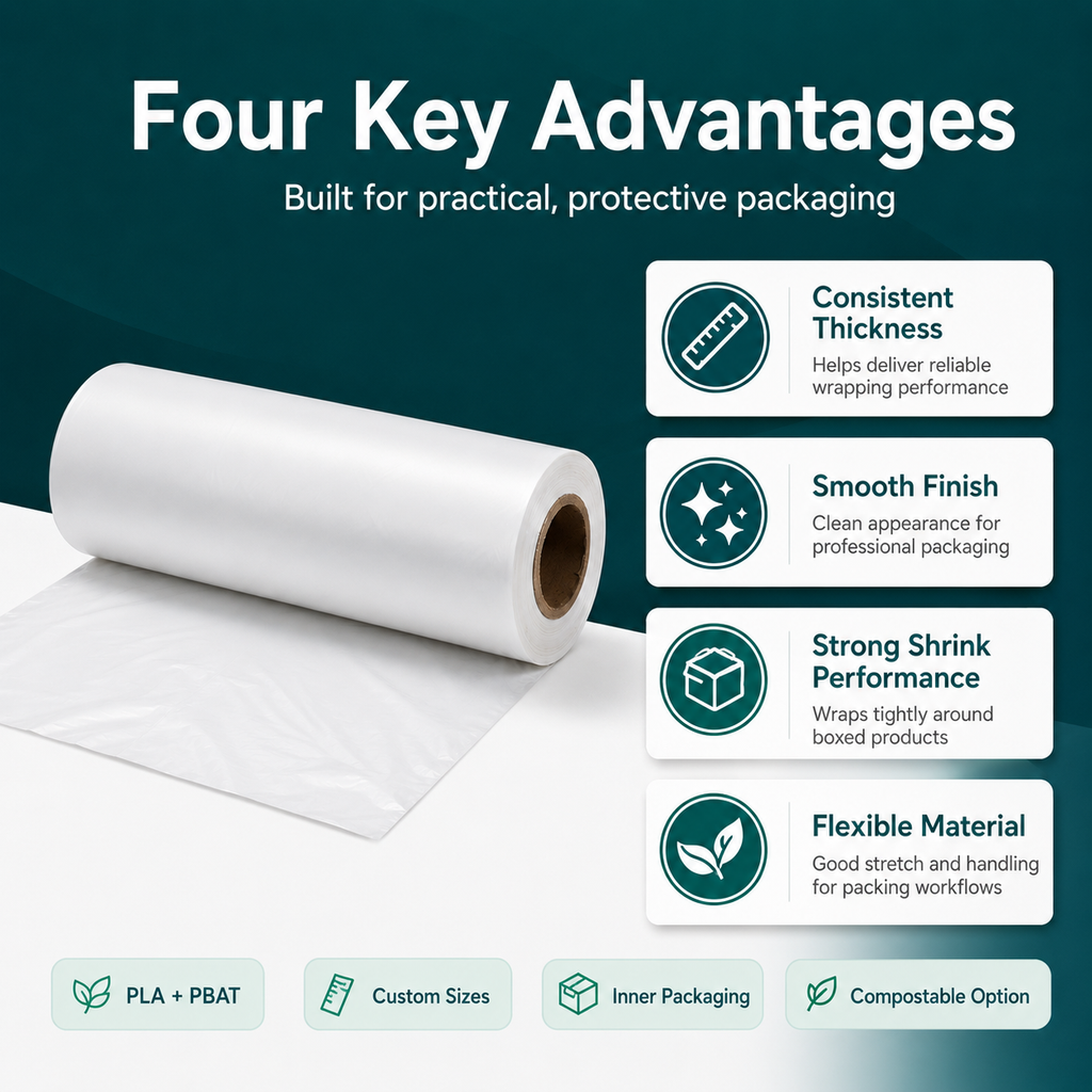 Compostable Shrink Film | PLA+PBAT Biodegradable Packaging Wrap for Retail & Shipping