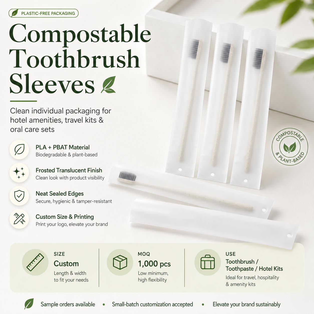 Biodegradable Toothbrush Sleeve Bags | PLA PBAT Frosted Hotel Packaging