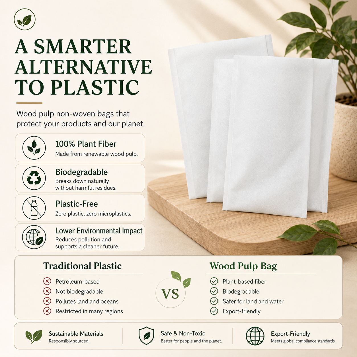 Wood Pulp Non-Woven Packaging Bags | Plastic-Free Eco Bags for Electronics & Accessories