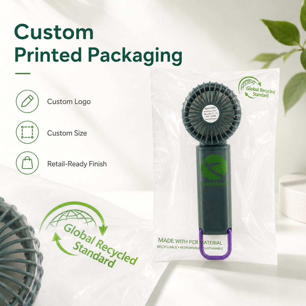 GRS Recycled Clear Packaging Bags for Portable Fans | PCR Plastic Bags Custom Logo