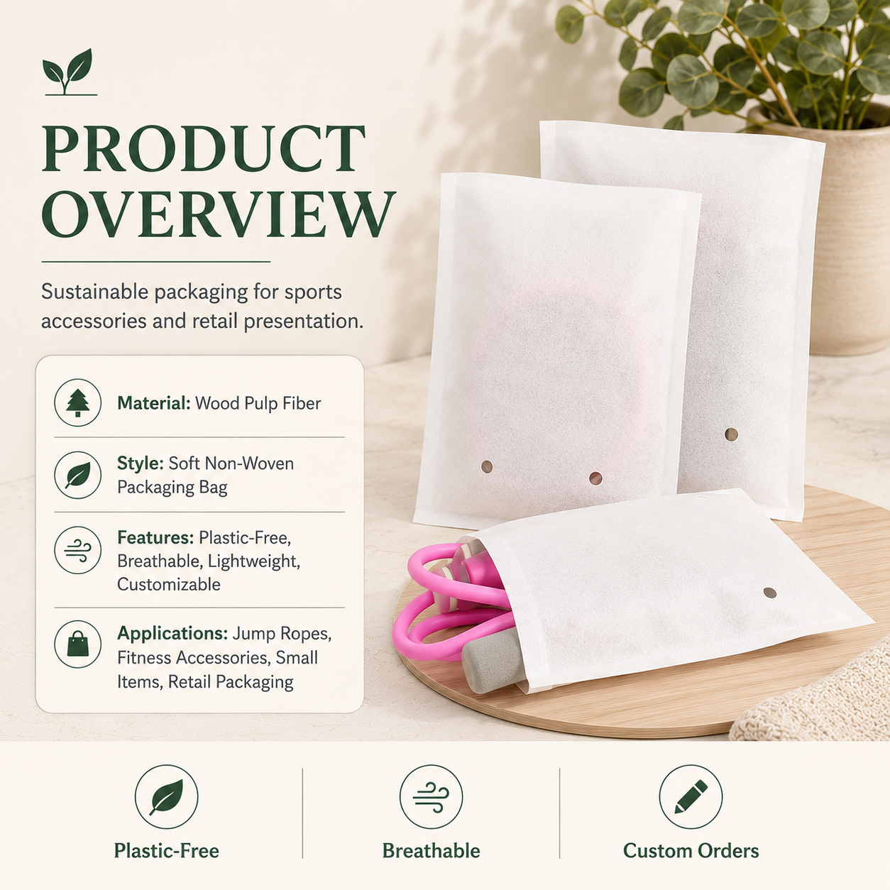 Wood Pulp Non-Woven Packaging Bags for Jump Ropes | Eco Fitness Accessory Packaging