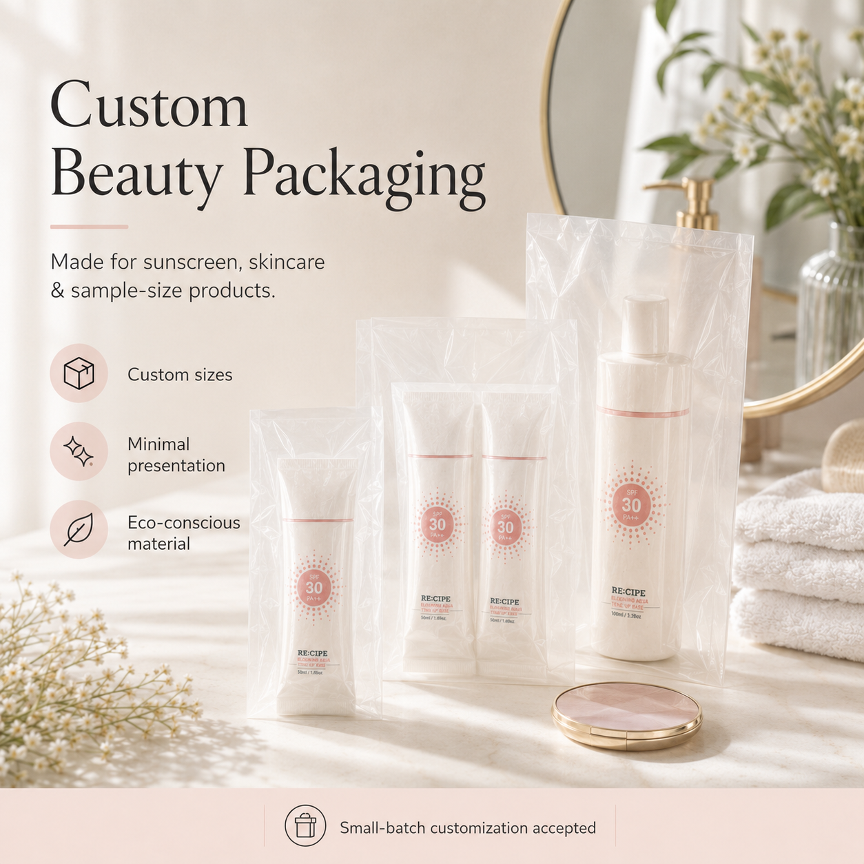 Compostable Clear Beauty Packaging Bags | PLA PBAT Skincare & Cosmetic Bags